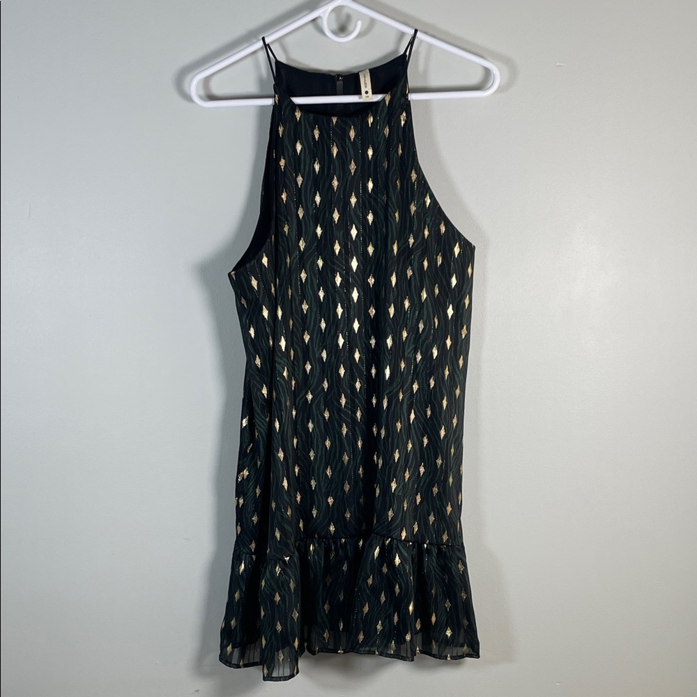 Tyche Women's Sleeveless Black, Green and Gold Patterned Dress